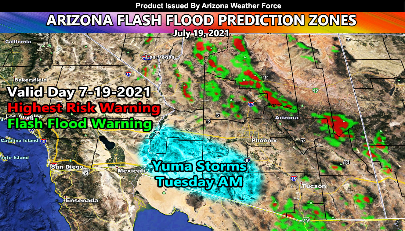 July 19, 2021 Arizona Monsoon Flash Flood Warning Prediction Zones and