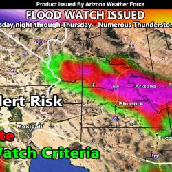 Arizona Weather Force Flood Watch Issued For Parts of Arizona, Effective Late Tuesday Night through Thursday; Thunderstorm Zone Details Included