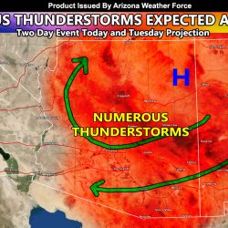 Thunderstorm Watch Issued: Scattered Thunderstorms Across Most of Arizona Today; Including All Metro Zones; Repeat Likely on Tuesday
