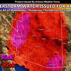 Thunderstorm Watch Issued Across Entire State Of Arizona Starting Later Tuesday and Going Through Wednesday; Some Severe; Details