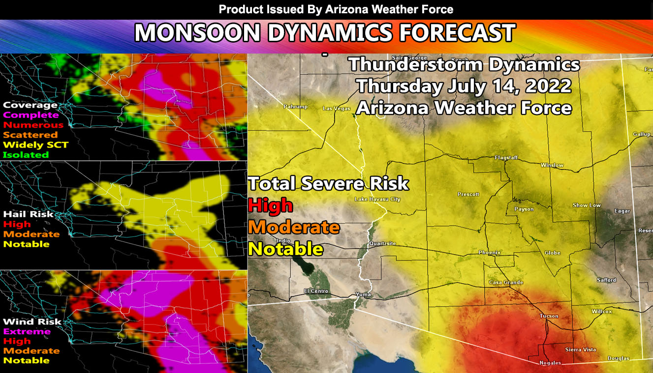 Monsoon Forecast for Arizona on July 14, 2022; Severe Thunderstorm Watch to Thunderstorm Watch; AZWF Models Inside