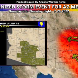 Severe Weather Statement: Organized Storm Activity Projected from Southeast State through Phoenix and into the Rim
