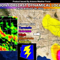 Monsoon Forecast For August 28, 2022; Two Alerts Issued; Southeast Arizona and Mogollon Rim Favored; Details and Models