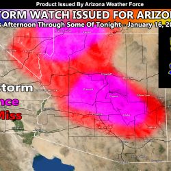 Thunderstorm Watch Issued for Arizona Metros and Higher Terrain Zones Monday Afternoon Through Some of The Night