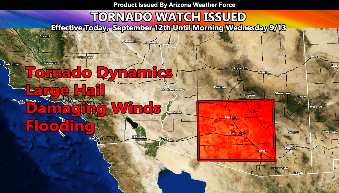 AZWF Tornado Watch Issued For Metro Cities Of Arizona From Phoenix, Pinal, and Tucson, Effective Today through Wednesday Morning