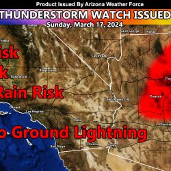 Thunderstorm Watch Issued for Central, East, and Northern Arizona for Sunday March 17, 2024
