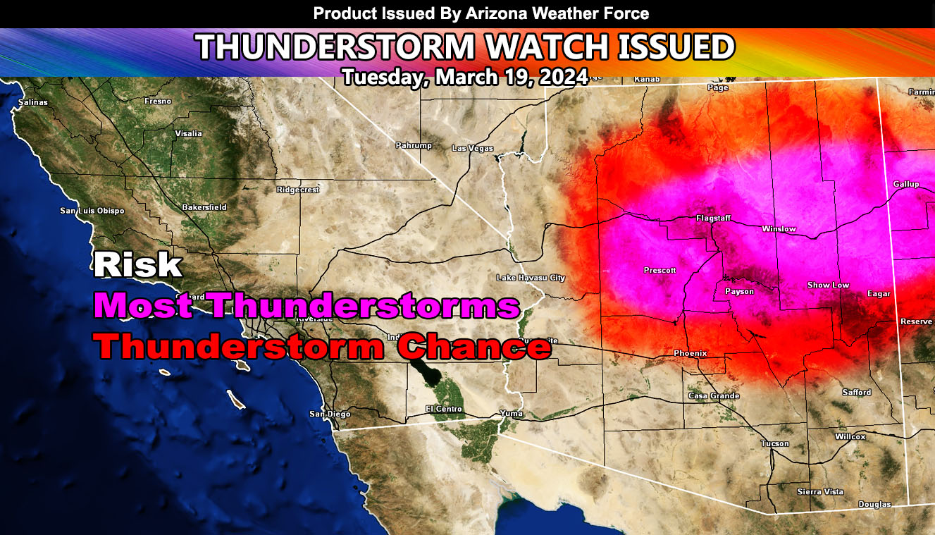 Thunderstorm Watch Issued For The Central and Northern Half of Arizona for March 19, 2024