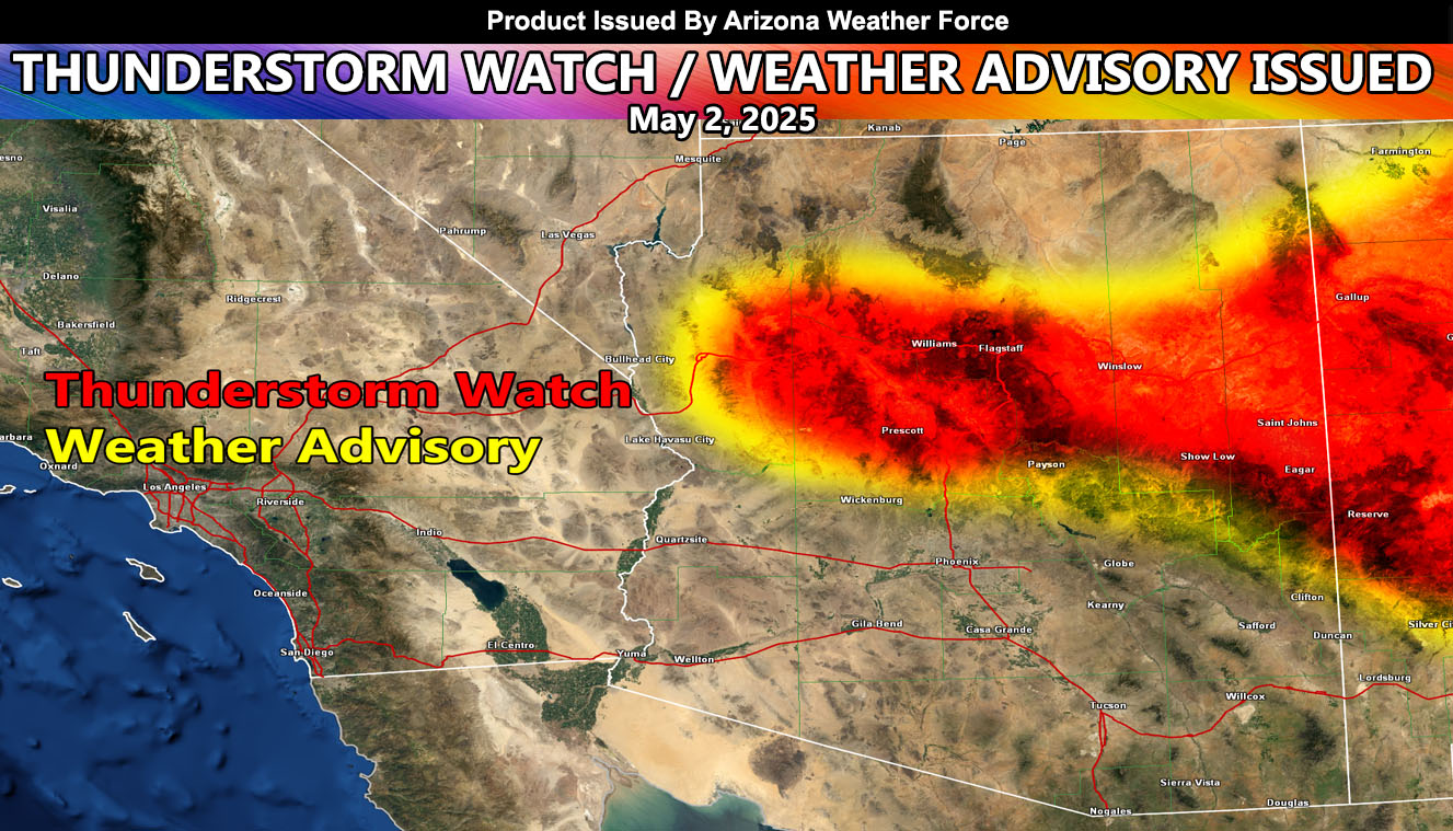 Thunderstorm Watch and Weather Advisory Issued For The High Terrain of Arizona, Centering Prescott as Well